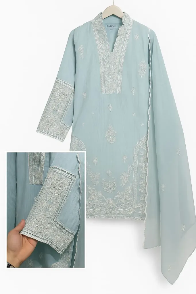 Sierra Blue Cotton Embroidered Suit Set with Kota Doriya Dupatta (Scalloped Daman) – Casual & Semi-Party Wear